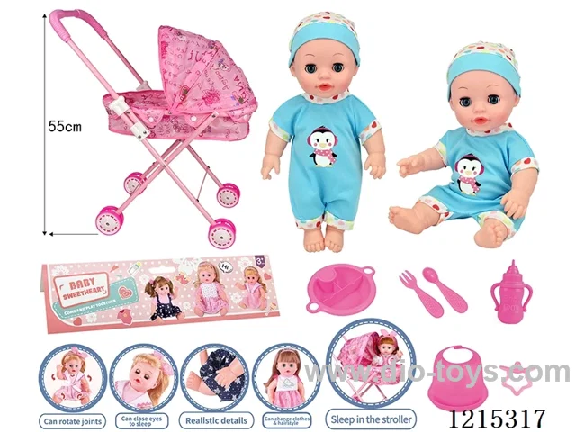 14inch Full Vinyl Doll+Accessories(Pushchair with iron bars, plates, forks, spoons, bibs, bottles, pacifiers)