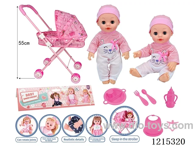 14inch Full Vinyl Doll+Accessories(Pushchair with iron bars, plates, forks, spoons, bibs, bottles, pacifiers)
