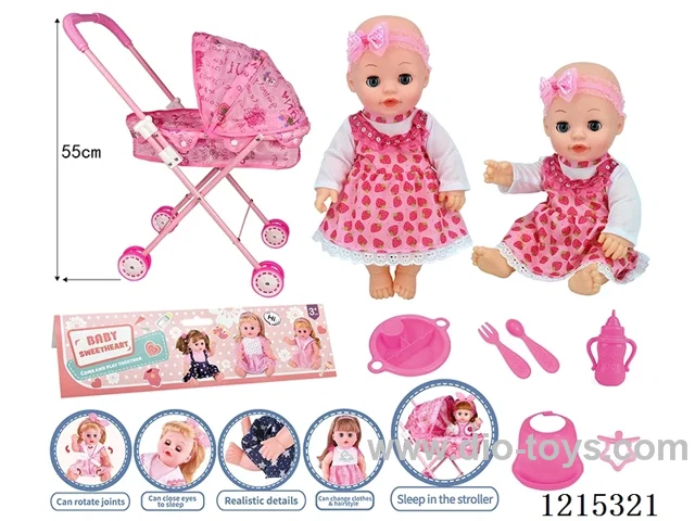 14inch Full Vinyl Doll+Accessories(Pushchair with iron bars, plates, forks, spoons, bibs, bottles, pacifiers)