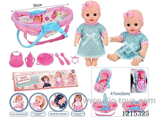14inch Full Vinyl Doll+Accessories(Multifunctional Cradle, Plate, Fork, Spoon, Bib, Bottle, Pacifier)
