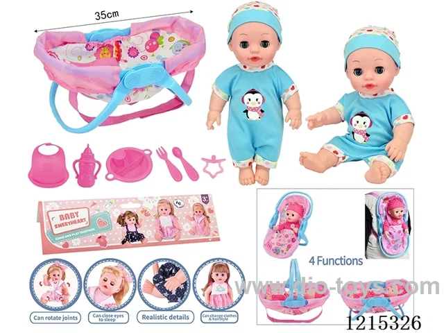 14inch Full Vinyl Doll+Accessories(Multifunctional Cradle, Plate, Fork, Spoon, Bib, Bottle, Pacifier)
