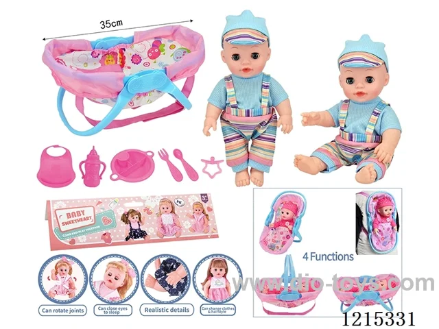 14inch Full Vinyl Doll+Accessories(Multifunctional Cradle, Plate, Fork, Spoon, Bib, Bottle, Pacifier)