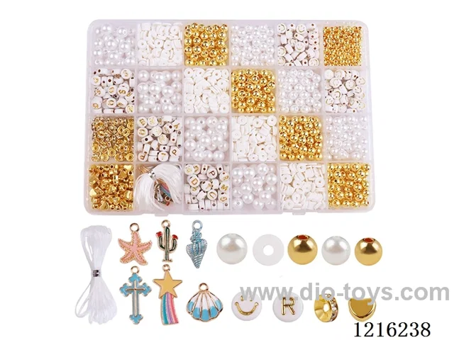 DIY Jewelry Set (6/8mm pearl + 4/6 gold beads + soft ceramic pieces + spacer beads + letter beads + pendant + wire (24 compartments))