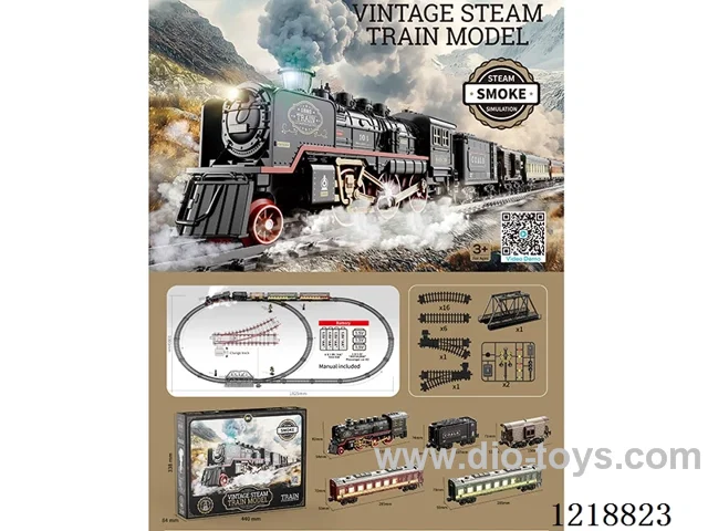 Vintage Steam Train Model (1 front end + 1 coal car + 1 dining car + 2 passenger light cars + 16 curved rails + 6 straight rails + 2 open rails + 60 grains of locks + 2 traffic lights + 1 bridge)