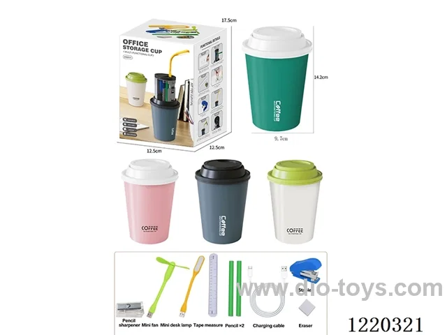 Office Aid Storage Cup-USB Mini Fan+USB Mini LED Light+Charging Cable+Pencil X2+Tape Measure+Pencil Roller+Stapler+Eraser