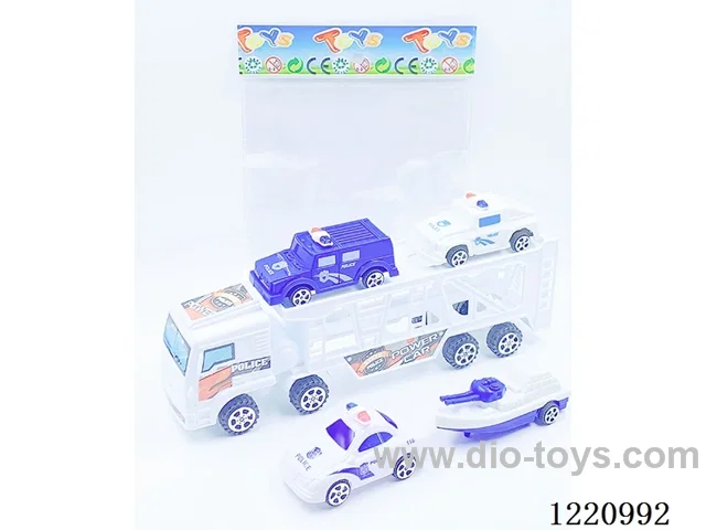 Inertia Tractor Police Car (w/ 3 pull back cars/boats, 1 free wheel car)