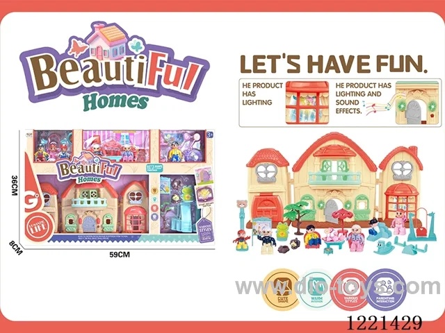 Block Man Villa set(with light and music included 3*AG13, colorful chandelier included 3*AG13)