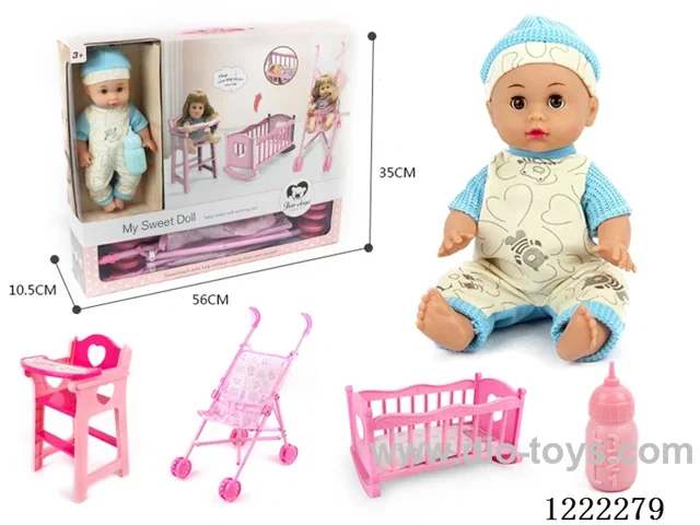 14 inch doll set 3-in-1 set (crib + chair + stroller) with 12 IC +Drinking/ peeing included 3*AG13