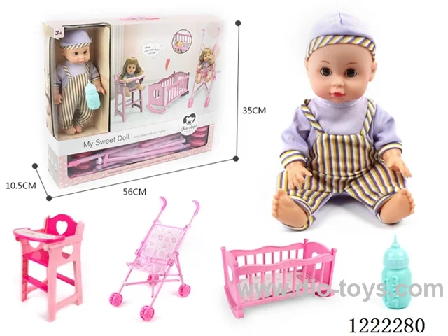 14 inch doll set 3-in-1 set (crib + Chair + Stroller) with 12 IC + Drinking/ peeing included 3*AG13