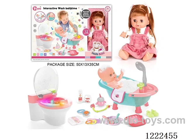 14 inch vinyl doll bath toilet set with 12 IC (W L/M/Drinking/ peeing/ doll included 3*AG13, toilet not included 2*AAA)