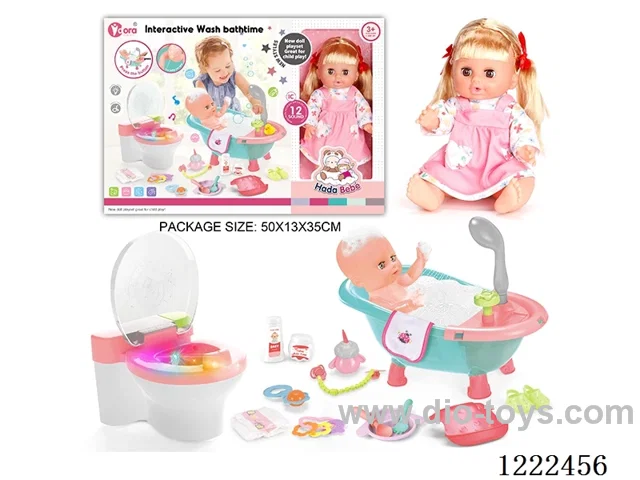 14 inch vinyl doll bath toilet set with 12 IC (W L/M/Drinking/ peeing/ doll included 3*AG13, toilet not included 2*AAA)