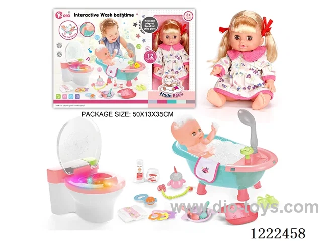 14 inch vinyl doll bath toilet set with 12 IC (W L/M/Drinking/ peeing/ doll included 3*AG13, toilet not included 2*AAA)