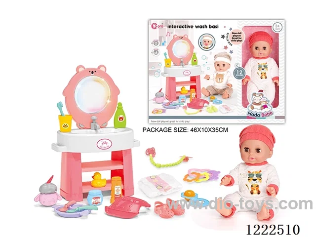 14 inch vinyl doll washstand care set with 12 IC (W L/M/Drinking/ peeing/ doll included 3*AG13, washstand not included 2*AAA)
