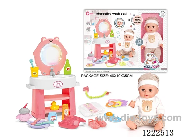 14 inch vinyl doll washstand care set with 12 IC (W L/M/Drinking/ peeing/ doll included 3*AG13, washstand not included 2*AAA)