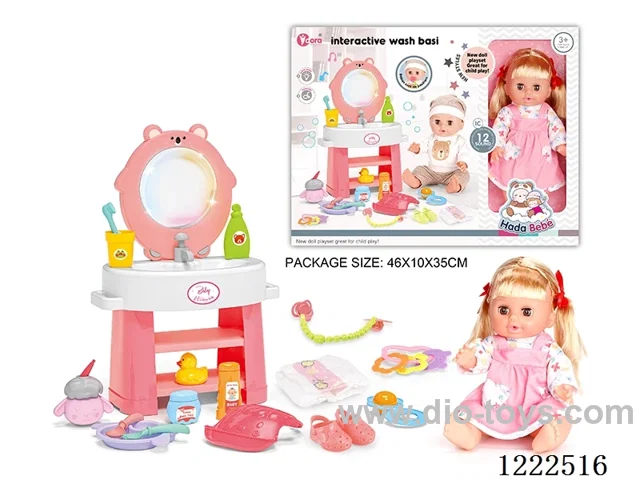 14 inch vinyl doll washstand care set with 12 IC (W L/M/Drinking/ peeing/ doll included 3*AG13, washstand not included 3*AAA)