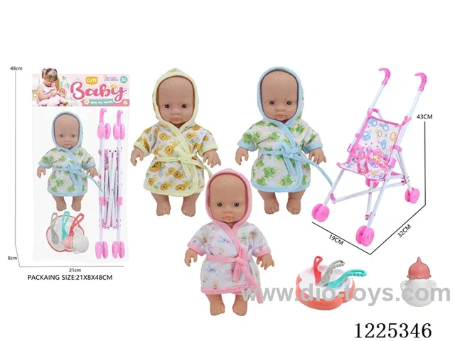 10 inch doll (3 mixes) with plastic stroller