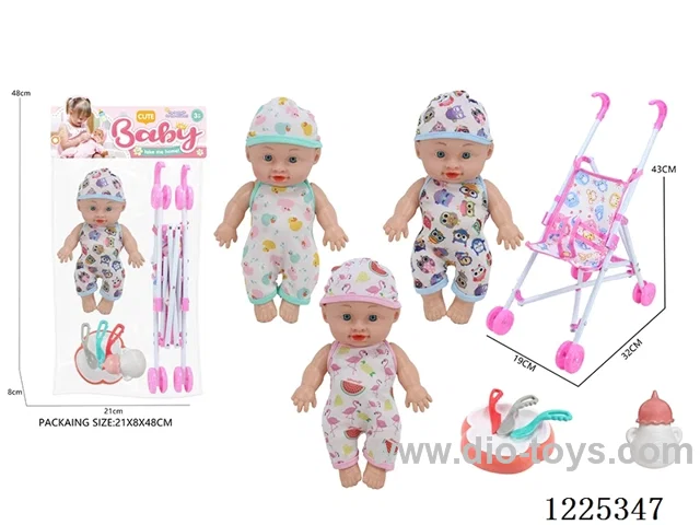 10 inch doll (3 mixes) with plastic stroller