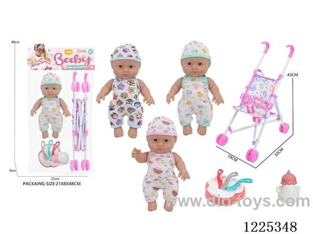 10 inch doll (3 mixes) with plastic stroller