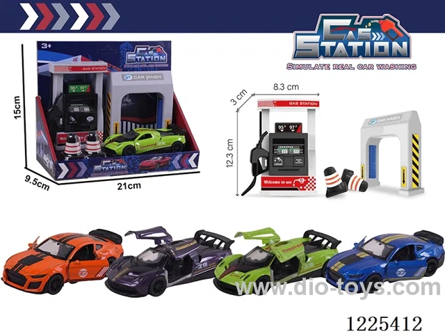 Pull back alloy car gas station set with sound included 3*AG13
