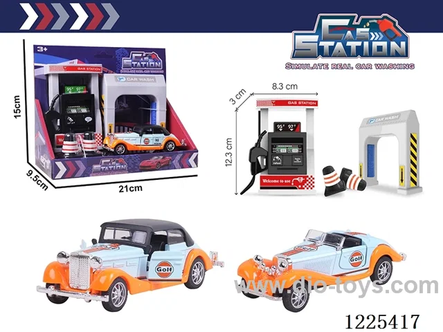 Pull back alloy car gas station set with sound included 3*AG13