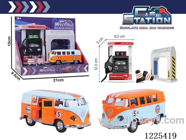 Pull back alloy car gas station set with sound included 3*AG13