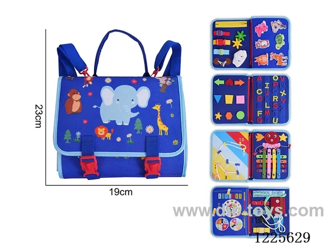 Montessori Early Learning for Kids - Felt Backpack Blue 5 Page Wild Animal Busy Board