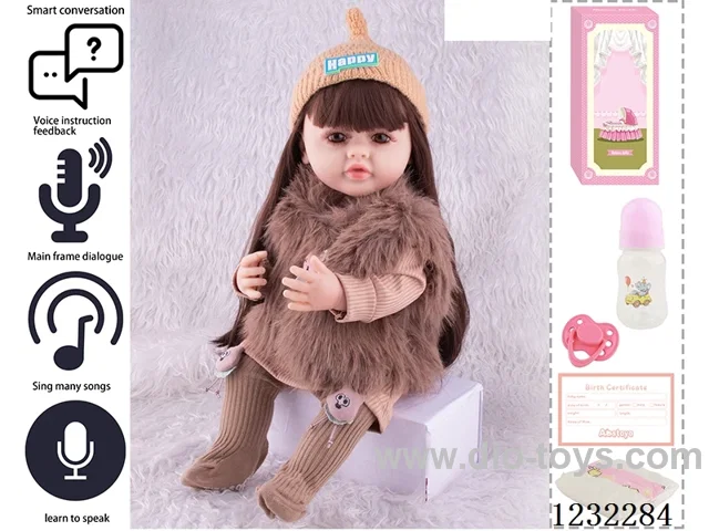 55CM Reborn High Simulation Baby Doll (Wig) Full Body Soft Rubber/Baby Bottle/Magnetic Pacifier/Diaper/Birth Card/Language Dialogue/Repeat