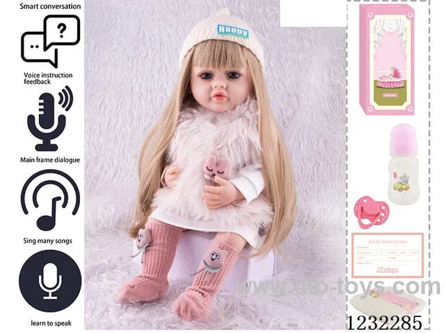 55CM Reborn High Simulation Baby Doll (Wig) Full Body Soft Rubber/Baby Bottle/Magnetic Pacifier/Diaper/Birth Card/Language Dialogue/Repeat
