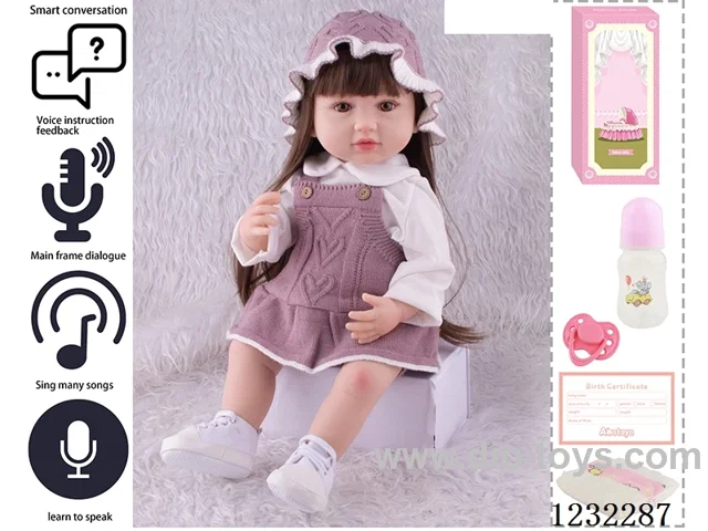 55CM Reborn High Simulation Baby Doll (Wig) Full Body Soft Rubber/Baby Bottle/Magnetic Pacifier/Diaper/Birth Card/Language Dialogue/Repeat
