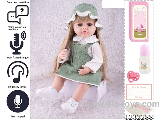 55CM Reborn High Simulation Baby Doll (Wig) Full Body Soft Rubber/Baby Bottle/Magnetic Pacifier/Diaper/Birth Card/Language Dialogue/Repeat