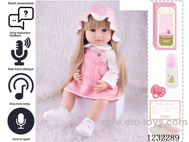55CM Reborn High Simulation Baby Doll (Wig) Full Body Soft Rubber/Baby Bottle/Magnetic Pacifier/Diaper/Birth Card/Language Dialogue/Repeat