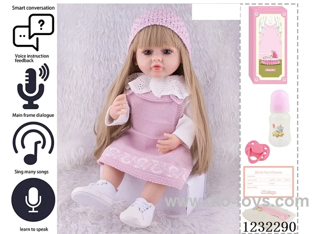 55CM Reborn High Simulation Baby Doll (Wig) Full Body Soft Rubber/Baby Bottle/Magnetic Pacifier/Diaper/Birth Card/Language Dialogue/Repeat