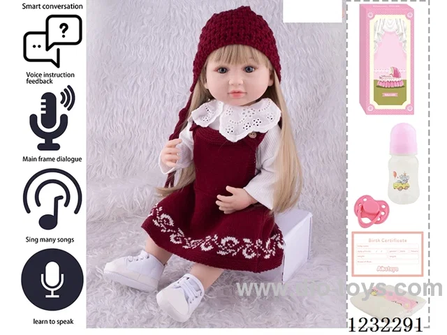 55CM Reborn High Simulation Baby Doll (Wig) Full Body Soft Rubber/Baby Bottle/Magnetic Pacifier/Diaper/Birth Card/Language Dialogue/Repeat