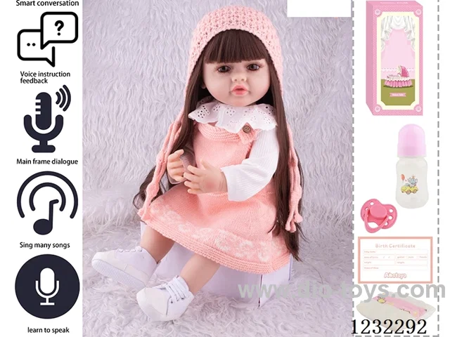 55CM Reborn High Simulation Baby Doll (Wig) Full Body Soft Rubber/Baby Bottle/Magnetic Pacifier/Diaper/Birth Card/Language Dialogue/Repeat