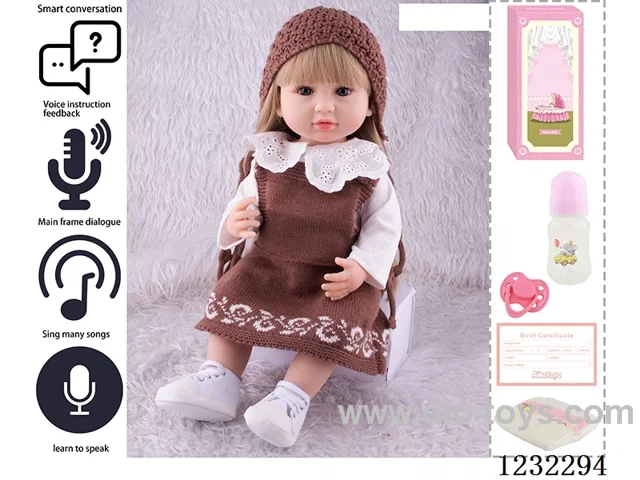 55CM Reborn High Simulation Baby Doll (Wig) Full Body Soft Rubber/Baby Bottle/Magnetic Pacifier/Diaper/Birth Card/Language Dialogue/Repeat