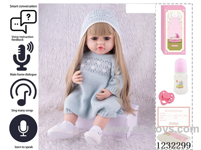 55CM Reborn High Simulation Baby Doll (Wig) Full Body Soft Rubber/Baby Bottle/Magnetic Pacifier/Diaper/Birth Card/Language Dialogue/Repeat