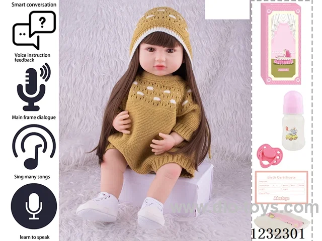 55CM Reborn High Simulation Baby Doll (Wig) Full Body Soft Rubber/Baby Bottle/Magnetic Pacifier/Diaper/Birth Card/Language Dialogue/Repeat