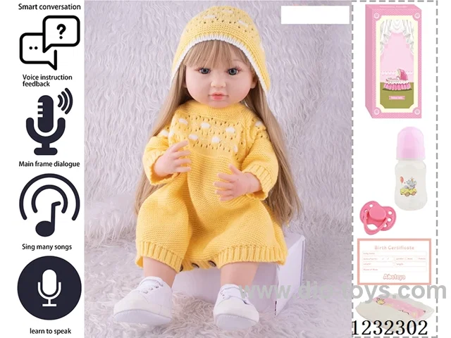 55CM Reborn High Simulation Baby Doll (Wig) Full Body Soft Rubber/Baby Bottle/Magnetic Pacifier/Diaper/Birth Card/Language Dialogue/Repeat