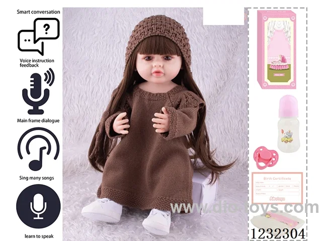 55CM Reborn High Simulation Baby Doll (Wig) Full Body Soft Rubber/Baby Bottle/Magnetic Pacifier/Diaper/Birth Card/Language Dialogue/Repeat