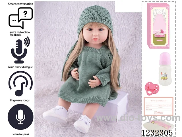 55CM Reborn High Simulation Baby Doll (Wig) Full Body Soft Rubber/Baby Bottle/Magnetic Pacifier/Diaper/Birth Card/Language Dialogue/Repeat