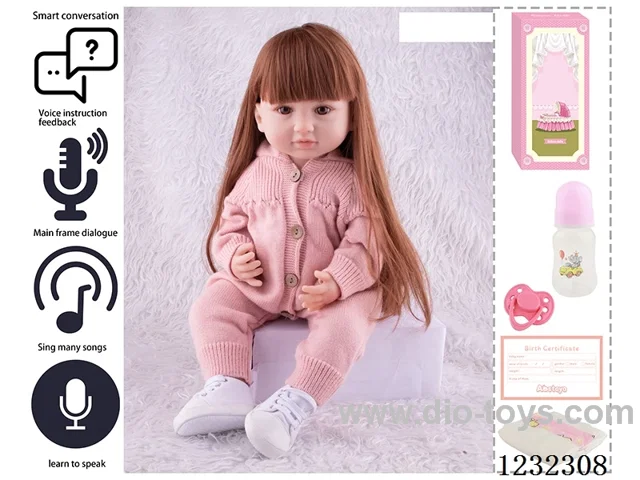 55CM Reborn High Simulation Baby Doll (Wig) Full Body Soft Rubber/Baby Bottle/Magnetic Pacifier/Diaper/Birth Card/Language Dialogue/Repeat
