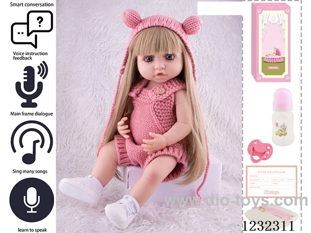 55CM Reborn High Simulation Baby Doll (Wig) Full Body Soft Rubber/Baby Bottle/Magnetic Pacifier/Diaper/Birth Card/Language Dialogue/Repeat