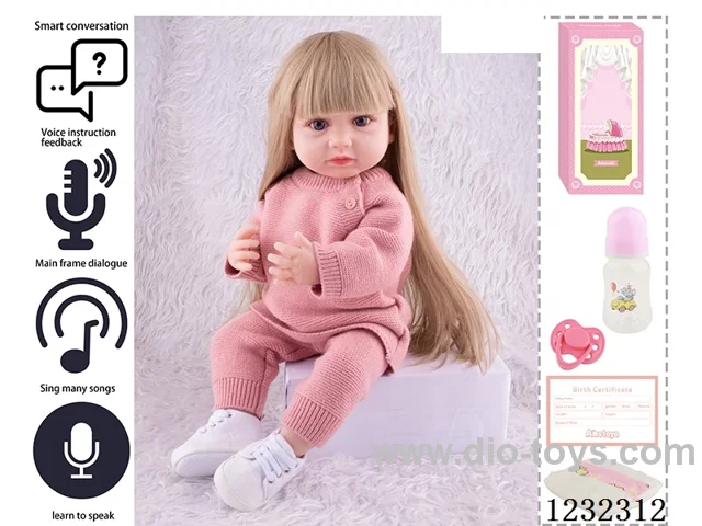 55CM Reborn High Simulation Baby Doll (Wig) Full Body Soft Rubber/Baby Bottle/Magnetic Pacifier/Diaper/Birth Card/Language Dialogue/Repeat