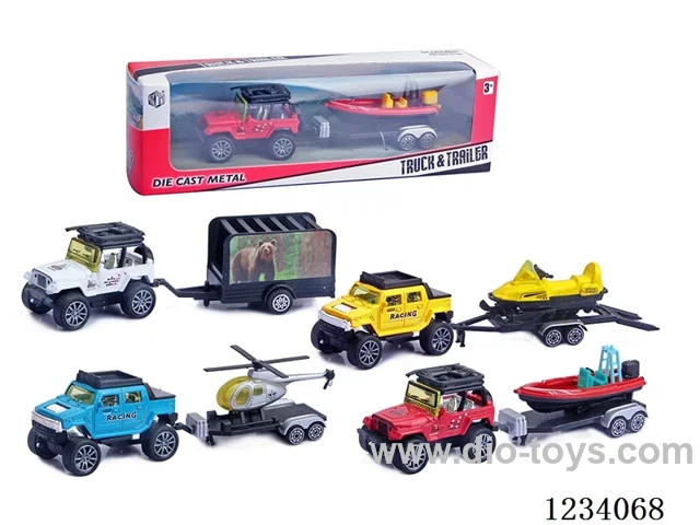 Alloy Pull Back Jeep Hummer with Trailer + Tow