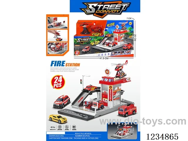 City fire station with 2 alloy cars (parking lot)