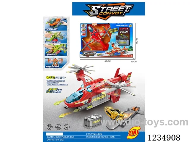 Light and music airplane with ejection storage container, transformable track, and 2 alloy cars