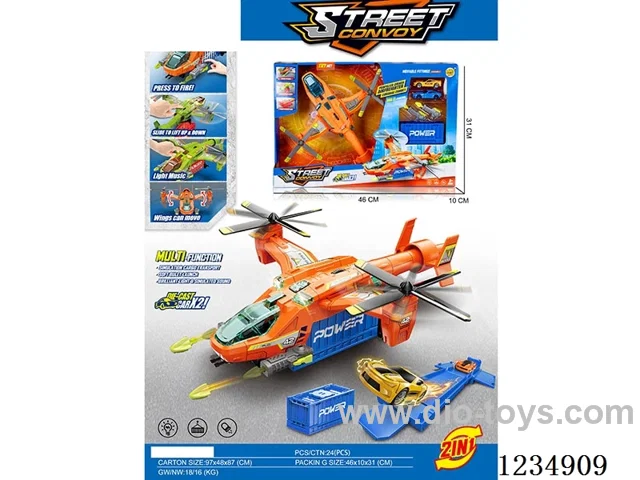 Light and music airplane with ejection storage container, transformable track, and 2 alloy cars