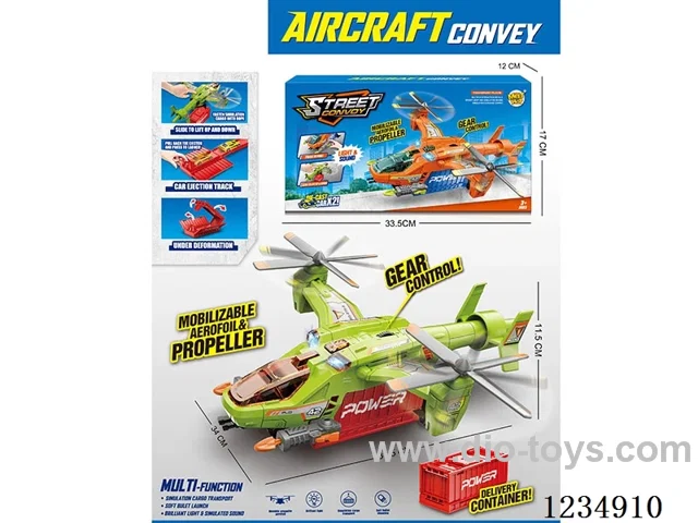 Light and music airplane with ejection storage container, transformable track, and 2 alloy cars