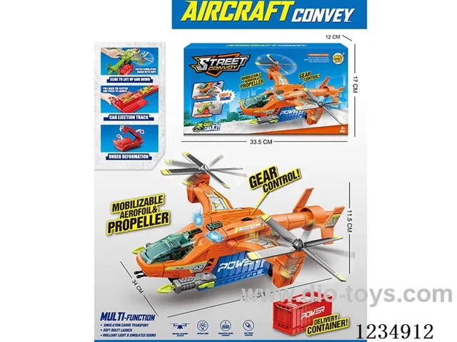 Light and music airplane with launch storage container, transformable track, and 2 alloy cars