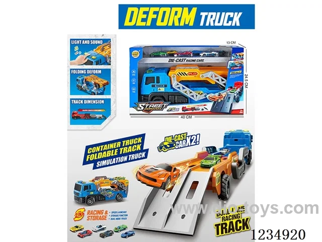 Light and music launchable folding cargo truck with 6 alloy cars (including 3*AG13)